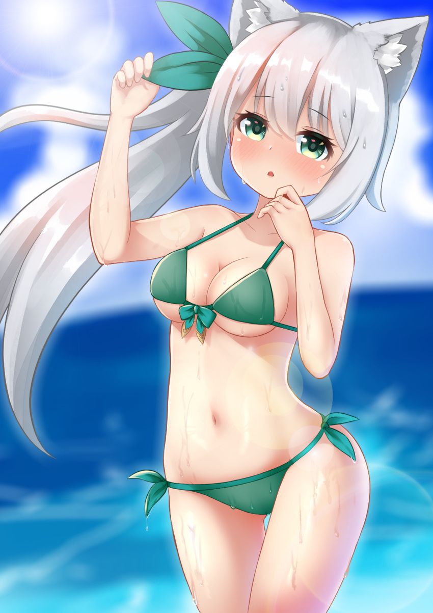 1girl, animal_ear_fluff, animal_ears, bangs, beach, bikini, blush, bow