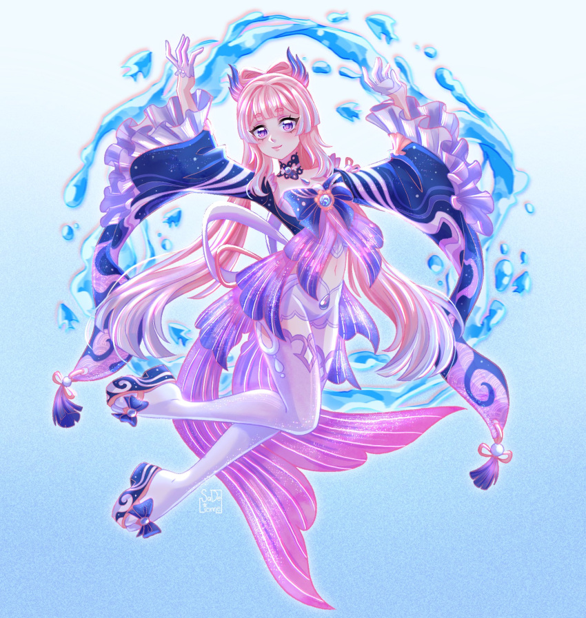 1girl, arms_up, bangs, blunt_bangs, commentary, commentary_request, detached_sleeves, english_commentary, eyebrows_visible_through_hair, frilled_sleeves, frills, full_body, genshin_impact, gradient_hair, hair_ornament, highres, long_hair, long_sleeves, looking_at_viewer, low_twintails, multicolored_hair, navel, pink_hair, sadelionne, sangonomiya_kokomi, shorts, sidelocks, simple_background, smile, solo, thick_eyebrows, twintails, violet_eyes, vision_(genshin_impact), water_drop, white_legwear, white_shorts, wide_sleeves