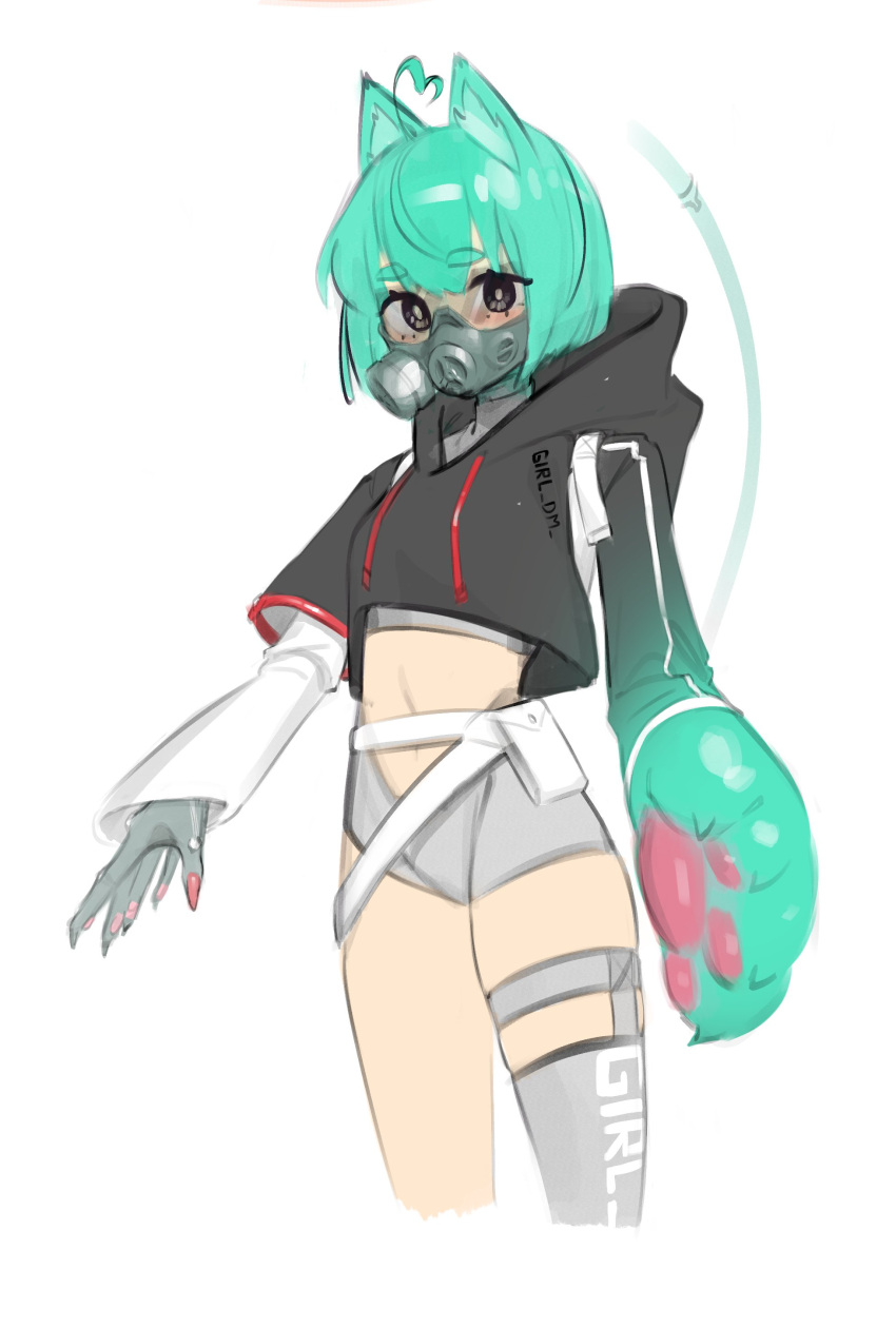 1girl, absurdres, ahoge, animal_ears, aqua_hair, bangs, black_eyes, black_hoodie