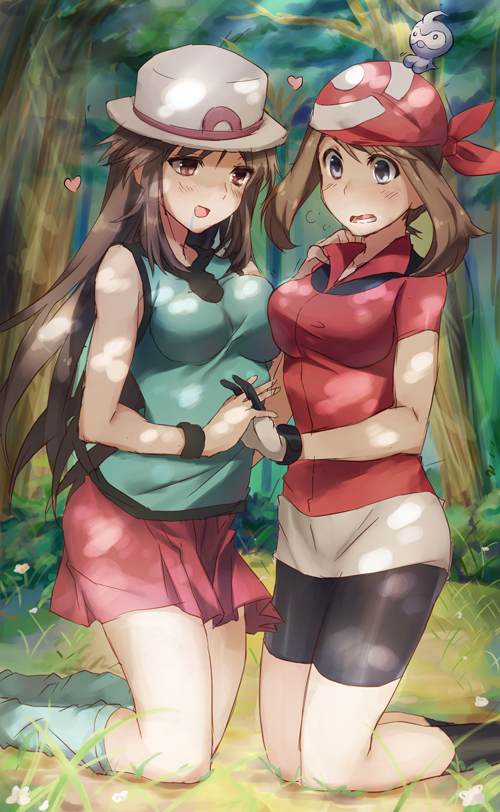 bandana, bike_shorts, blue_(pokemon), breast_press, breasts, castform, collaboration, commentary, forest, hand_holding, haruka_(pokemon), hat, heart, holding_hands, kneeling, leaf_(pokemon), moekki, multiple_girls, nature, pokemon, pokemon_(game), pokemon_rgby, pokemon_rse, raemz, symmetrical_docking, weee_(raemz), yuri