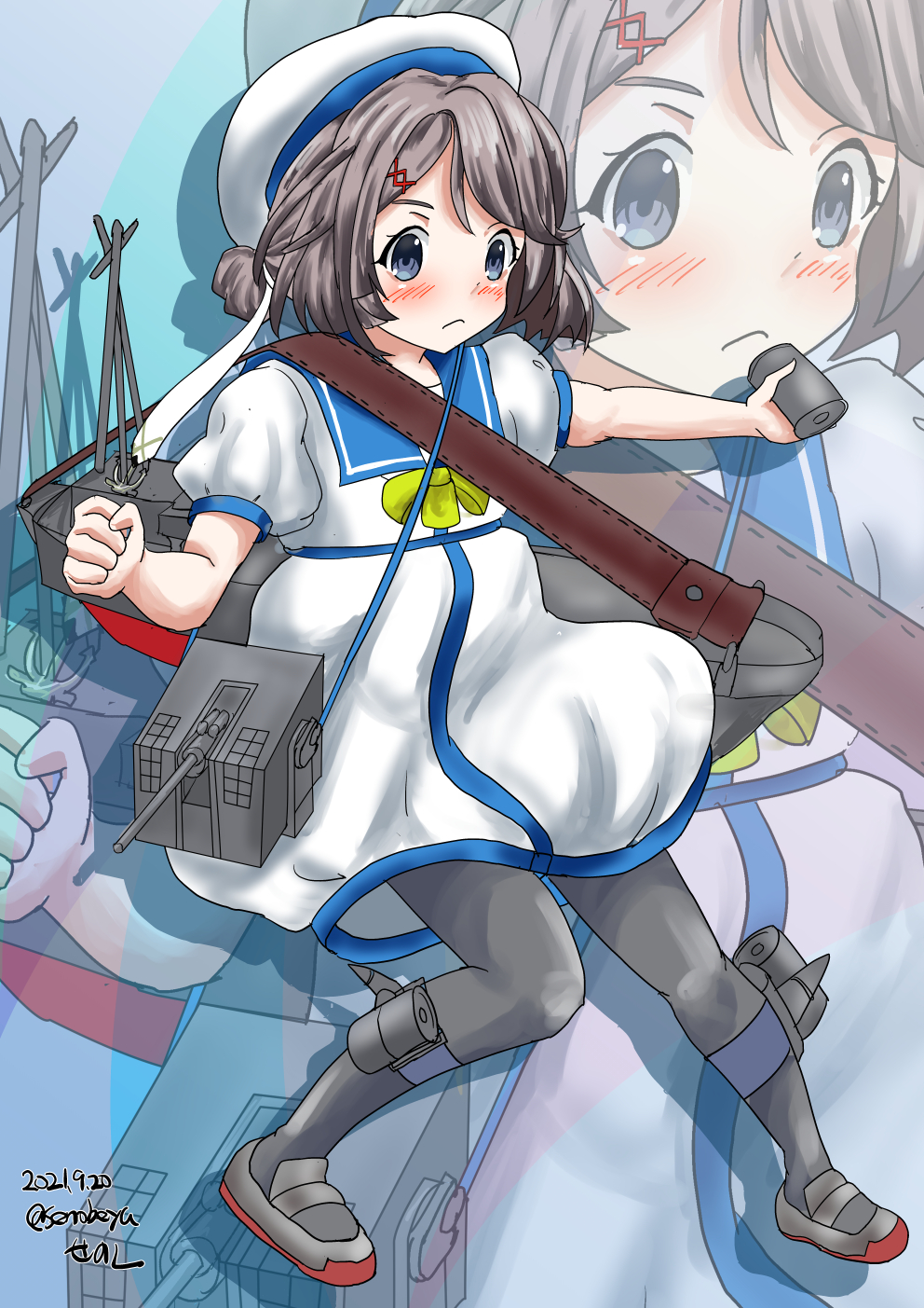 1girl, black_legwear, blue_sailor_collar, bow, depth_charge, double_bun, dress, grey_eyes