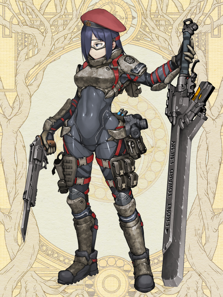 1girl, arm_armor, armor, bayonet, belt, belt_pouch, beret, black_eyes, black_hair, bodysuit, boots, breastplate, breasts, brown_background, camouflage_footwear, closed_mouth, dairoku_ryouhei, full_body, goggles, gun, hair_over_one_eye, handgun, hat, hetza_(hellshock), holding, holding_weapon, holster, medium_breasts, medium_hair, pistol, pouch, red_headwear, respirator, revolver, shoulder_armor, solo, standing, sword, thigh_strap, weapon