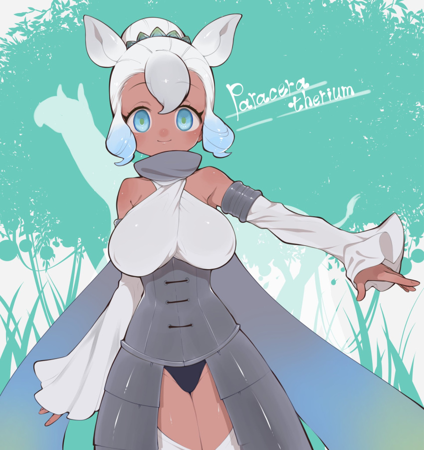 1girl, animal_ears, arm_at_side, armlet, armor, armored_dress, bare_shoulders, blue_eyes