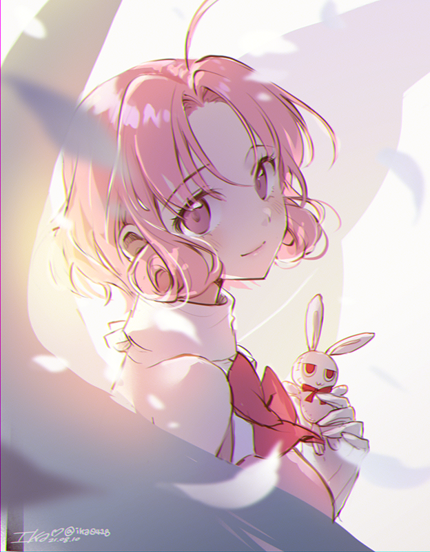 1girl, 2021, ahoge, angel_wings, backlighting, bangs, blurry, blurry_foreground