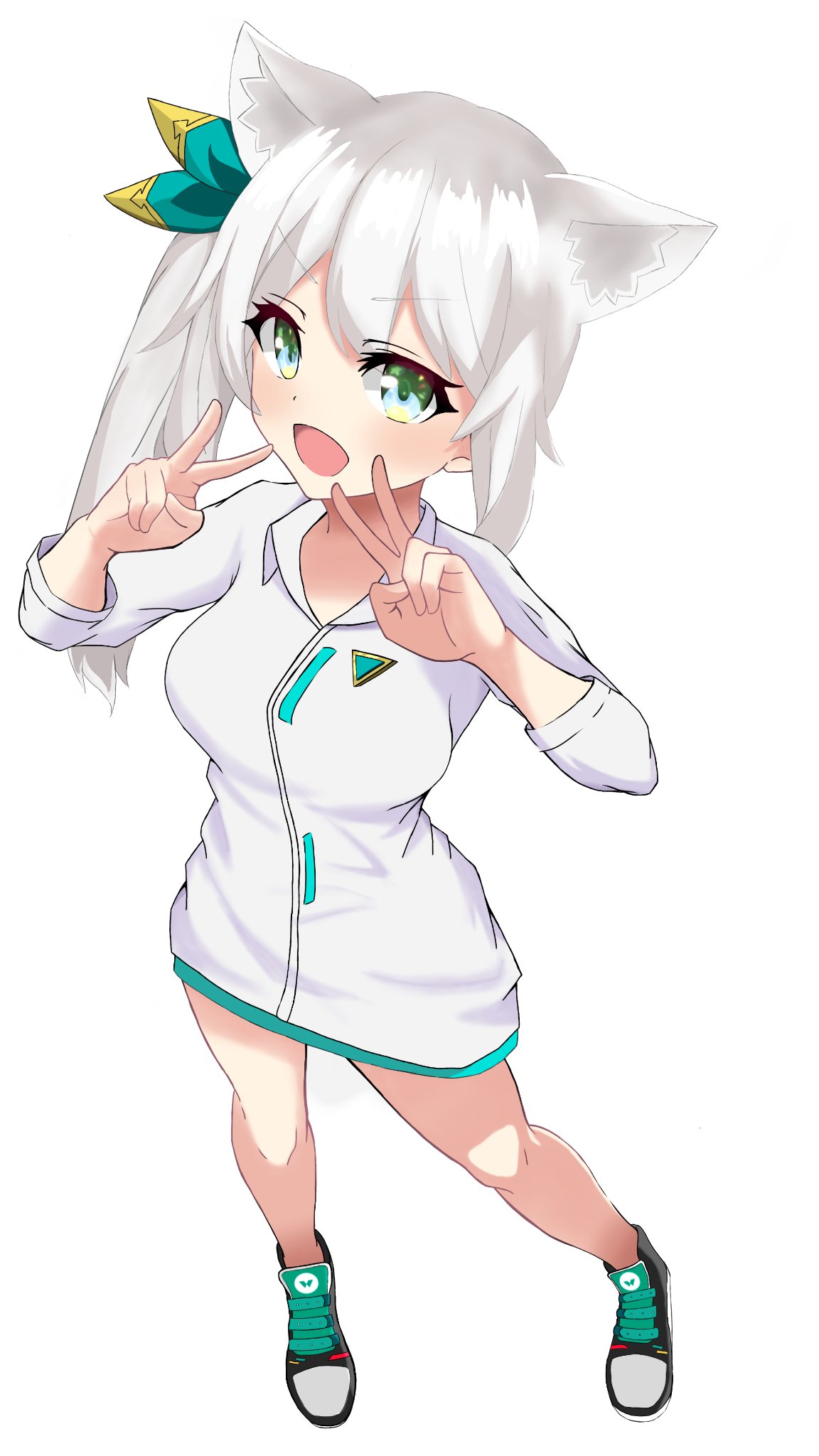 1girl, :d, animal_ear_fluff, animal_ears, badge, bangs, black_footwear, bow, button_badge, cat_ears, collared_jacket, double_v, from_above, full_body, green_bow, green_eyes, hair_between_eyes, hair_ornament, highres, hizuki_miu, jacket, kanelashi, logo, long_hair, looking_at_viewer, no_pants, open_mouth, shoes, side_ponytail, smile, sneakers, solo, v, v-shaped_eyebrows, virtual_youtuber, wactor_production, white_hair, white_jacket