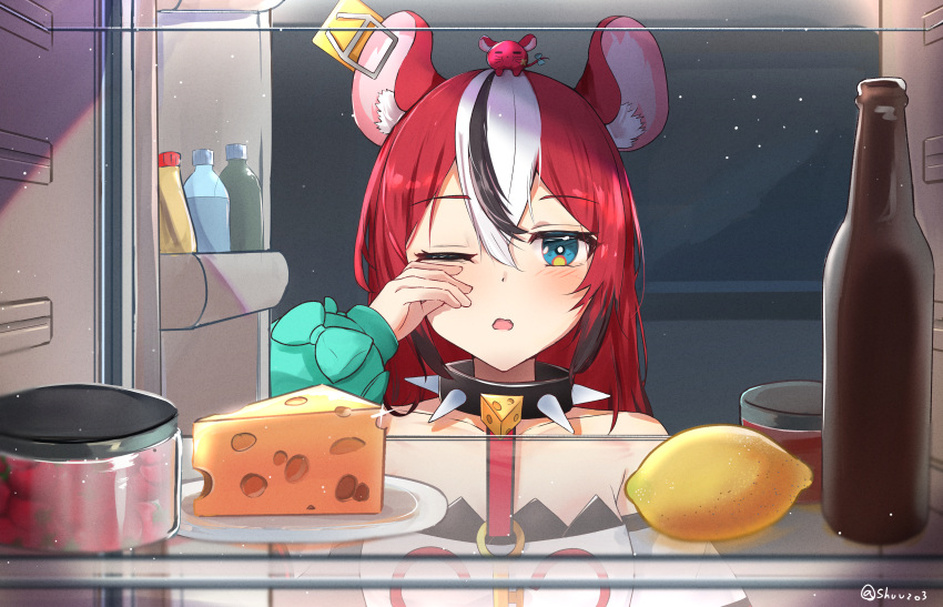 absurdres, alternate_hairstyle, cheese, dice_hair_ornament, food, hair_ornament, hakos_baelz, highres