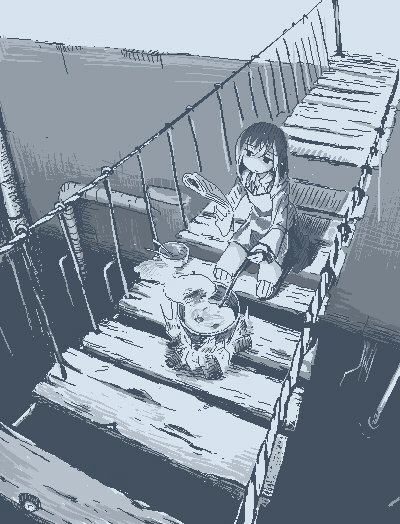 1girl, apron, blazer, bowl, bridge, campfire, closed_mouth, cooking