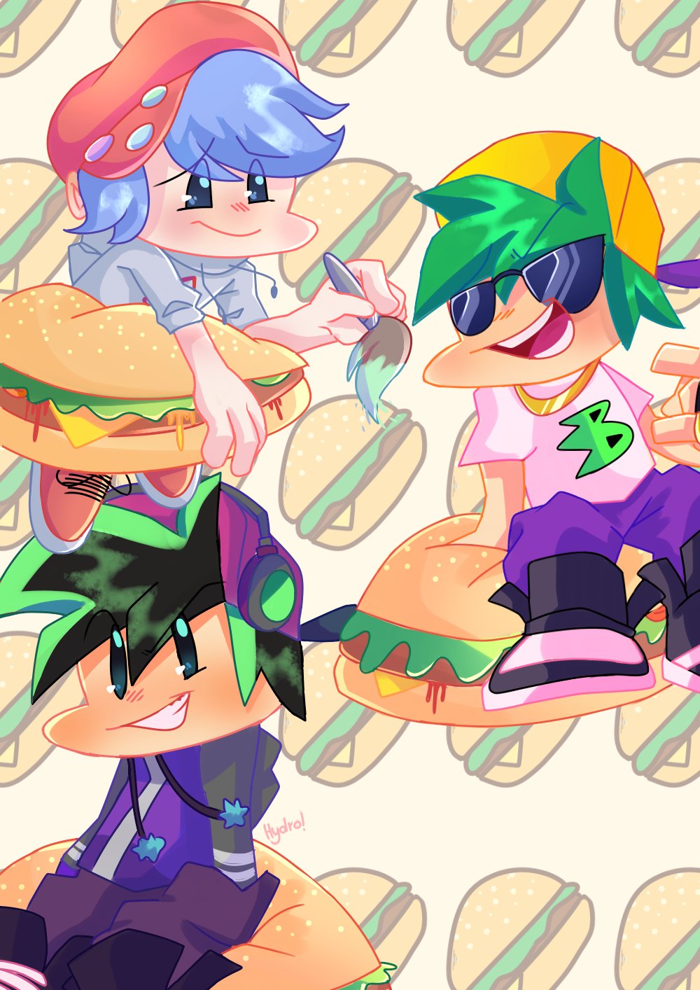 3boys, alternate_universe, black_hair, blue_eyes, blue_hair, boyfriend_(friday_night_funkin'), english_commentary, food