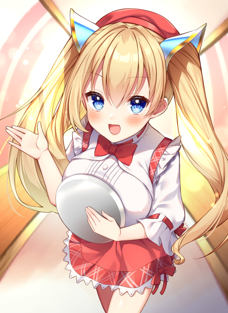 1girl, :d, amane_(230075), beret, blonde_hair, blue_eyes, blush, bow