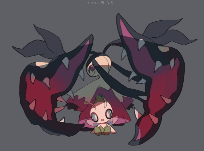 blue_eyes, bright_pupils, celebi, commentary_request, dated, grey_background, highres, leels, looking_at_viewer, looking_back, mawile, mega_mawile, mega_pokemon, mythical_pokemon, open_mouth, pokemon, pokemon_(creature), simple_background, sitting, smile, white_pupils