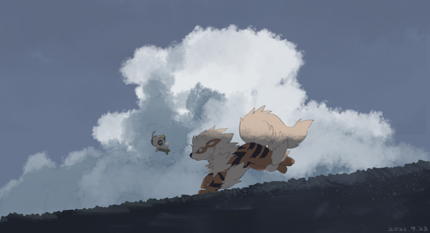 arcanine, celebi, clouds, commentary_request, dated, day, flying, from_side, highres, leels, mythical_pokemon, no_humans, outdoors, pokemon, pokemon_(creature), running, sky