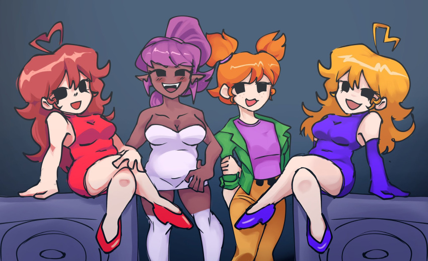 4girls, ahoge, alternate_universe, blonde_hair, breasts, brown_hair, cleavage, dark-skinned_female