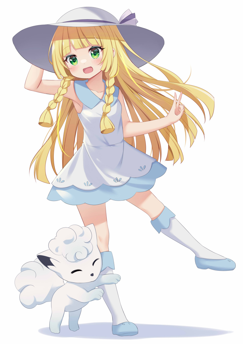 1girl, absurdres, alolan_form, alolan_vulpix, bangs, blonde_hair, blue_footwear, blush
