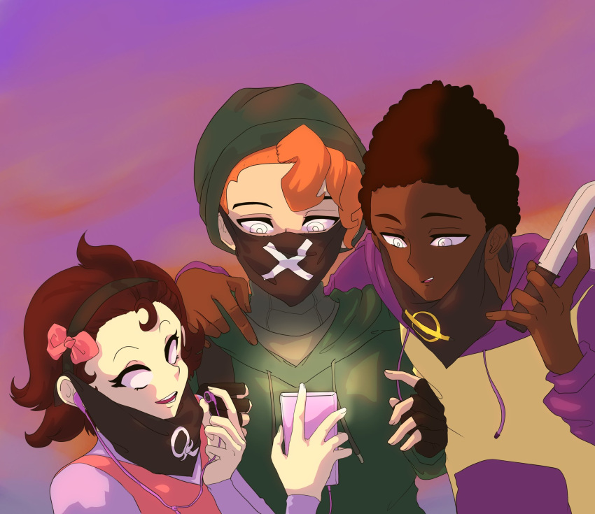 1girl, 2boys, alternate_universe, bandana, bandana_over_mouth, black_bandana, brown_hair, cellphone