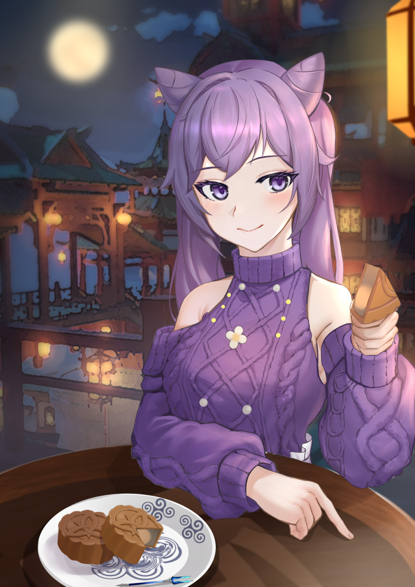 1girl, absurdres, bare_shoulders, breasts, building, double_bun, flower, food