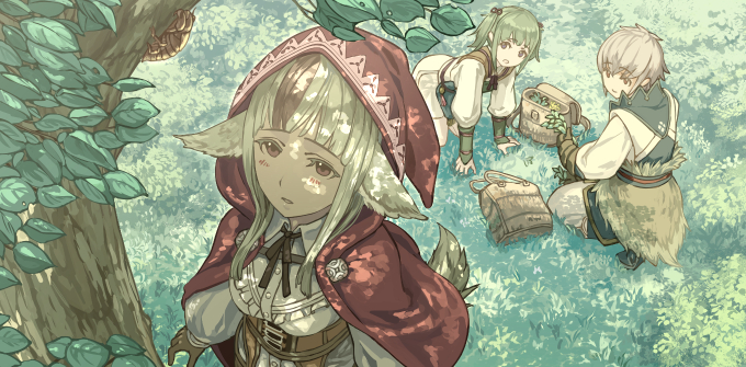 1boy, 2girls, all_fours, animal_ear_fluff, animal_ears, arm_warmers, arms_at_sides, bag