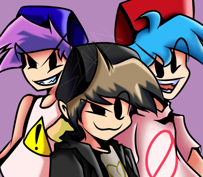 3boys, :3, alternate_universe, black_eyes, black_hair, black_hat, blue_hair, boyfriend_(friday_night_funkin'), brown_hair, dual_persona, friday_night_funkin', friday_night_funkin'_d-sides, friday_night_funkin'_hellbeats, grin, hat, looking_at_viewer, m123stalin, male_focus, multicolored_hair, no_symbol, purple_background, purple_hair, red_hat, short_hair, smile, spanish_commentary, teeth