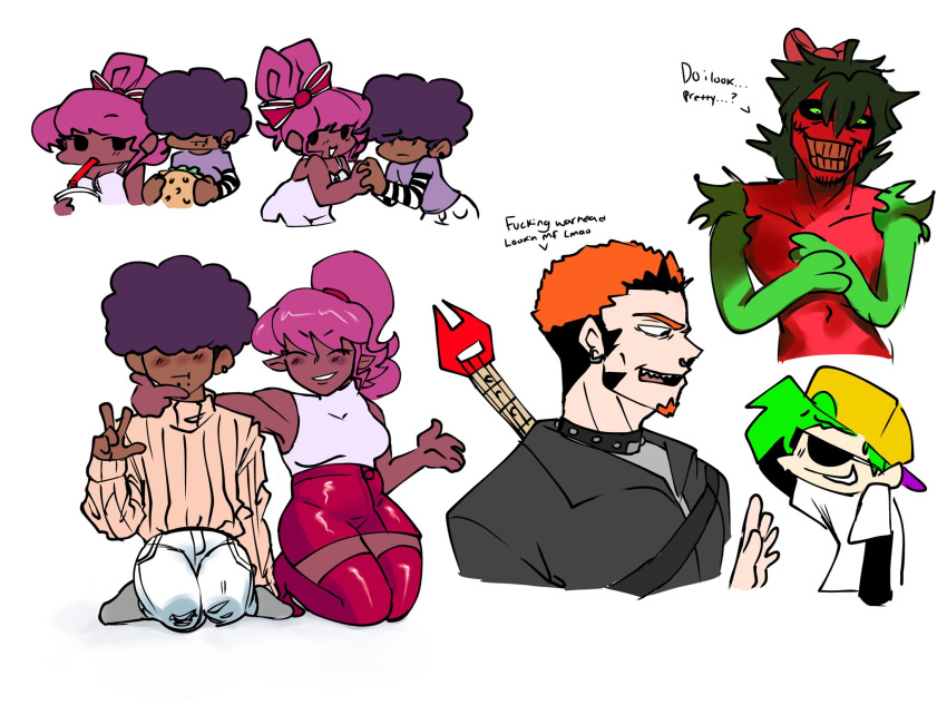 1girl, 4boys, alternate_universe, black_hair, boyfriend_(friday_night_funkin'), breasts, dark-skinned_female, dark_skin, dark_skinned_male, drinking, english_text, eyes_closed, food, friday_night_funkin', friday_night_funkin'_b3_remixed, gesture, girlfriend_(friday_night_funkin'), green_hair, grin, hair_bow, hamburger, kneeling, long_hair, orange_hair, pepper_monster, ponytail, purple_hair, red_skin, shayreyez, short_hair, simple_background, smile, sunglasses, v_sign, white_background