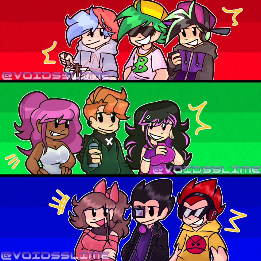 3girls, 6+boys, alternate_universe, black_eyes, black_hair, blue_hair, boyfriend_(friday_night_funkin'), brown_hair