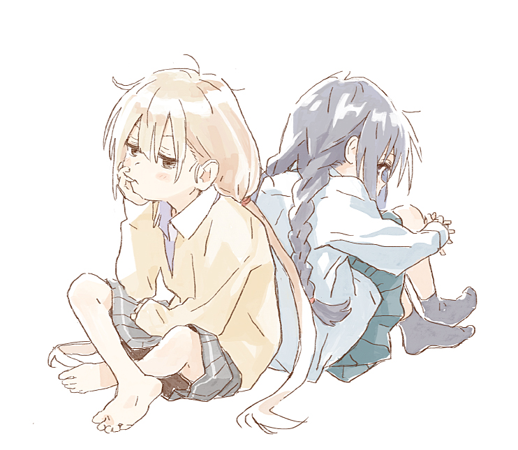 2girls, :<, ankle_socks, back-to-back, bangs, barefoot, beige_sweater, blonde_hair
