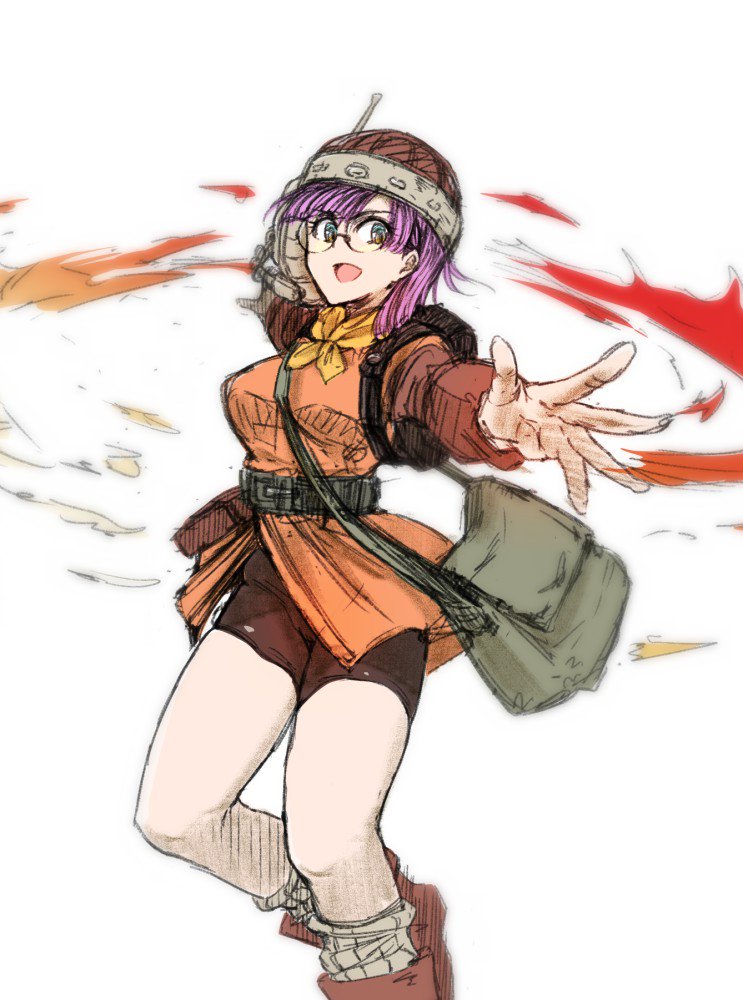 1girl, a0midori, bag, belt, bike_shorts, blue_eyes, chrono_trigger, glasses, helmet, looking_at_viewer, lucca_ashtear, magic, open_mouth, purple_hair, scarf, short_hair, shoulder_bag, simple_background, smile, solo, soxkyo, white_background