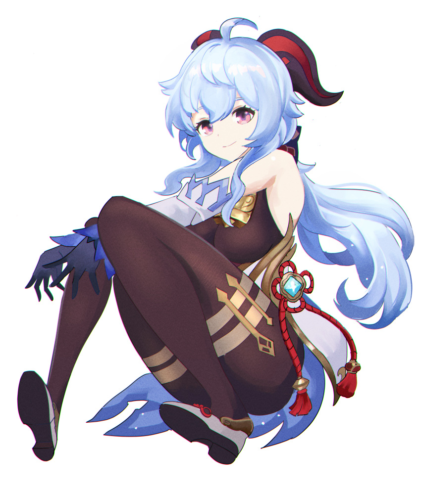 absurdres, ahoge, bangs, bare_shoulders, bell, black_gloves, blue_hair, breasts, chinese_knot, detached_sleeves, ganyu_(genshin_impact), genshin_impact, gloves, gold_trim, high_heels, highres, horns, long_hair, looking_at_viewer, medium_breasts, neck_bell, oni-_-on, sidelocks, smile, solo, thighlet, violet_eyes, vision_(genshin_impact), white_background, white_sleeves