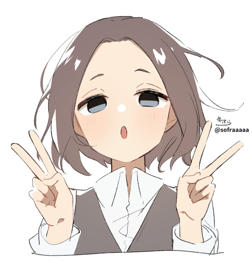 1girl, bangs, blush, brown_hair, collared_shirt, cropped_torso, double_v, dress_shirt, forehead, grey_eyes, grey_vest, hands_up, highres, long_sleeves, looking_at_viewer, parted_bangs, parted_lips, senpai_ga_uzai_kouhai_no_hanashi, shirt, short_hair, signature, simple_background, sofra, solo, tsukishiro_mona_(shiromanta), twitter_username, upper_body, v, vest, white_background, white_shirt