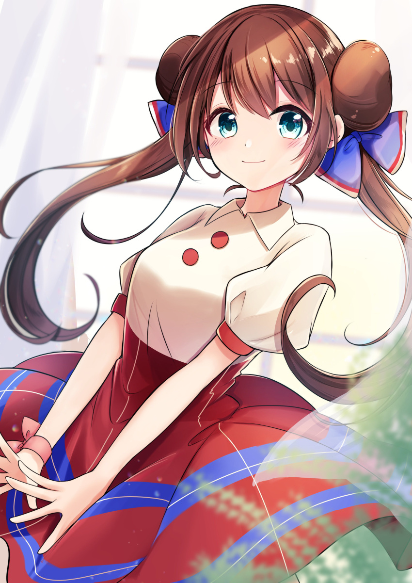 1girl, absurdres, bangs, blue_ribbon, blush, breasts, brown_hair, buttons, closed_mouth, collared_shirt, commentary_request, double_bun, floating_hair, goma_(nabepa_nabepa), green_eyes, hair_ribbon, highres, long_hair, pink_ribbon, pokemon, pokemon_(game), pokemon_bw2, pokestar_studios, red_skirt, ribbon, rosa_(pokemon), school_uniform, shiny, shiny_hair, shirt, short_sleeves, skirt, smile, solo, twintails, white_shirt, wrist_ribbon