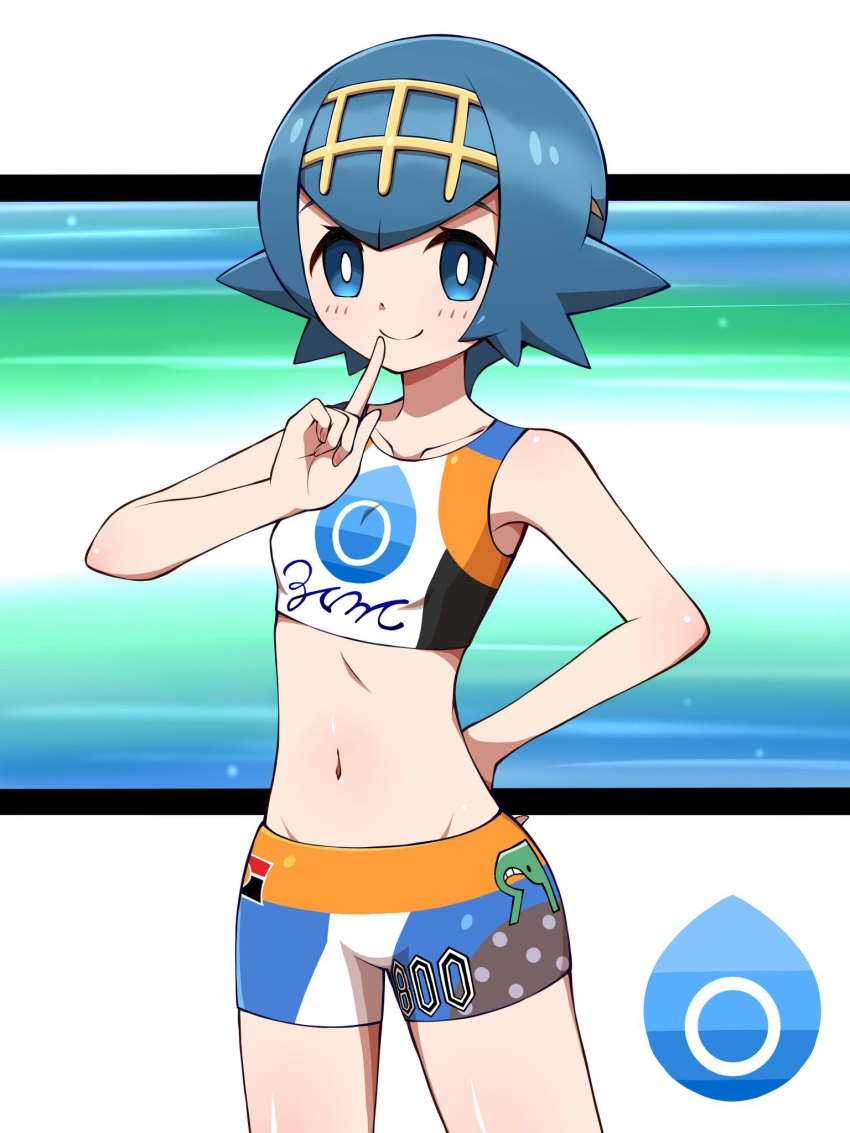 1girl, bangs, bare_arms, bike_shorts, blue_eyes, blue_hair, bright_pupils, closed_mouth