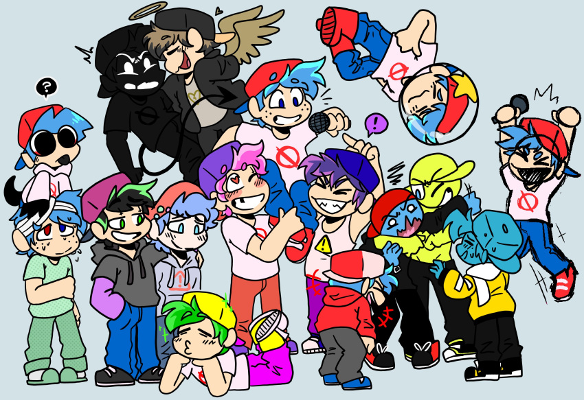 !, 6+boys, ?, alternate_universe, bandages, black_hair, blue_hair, blue_skin