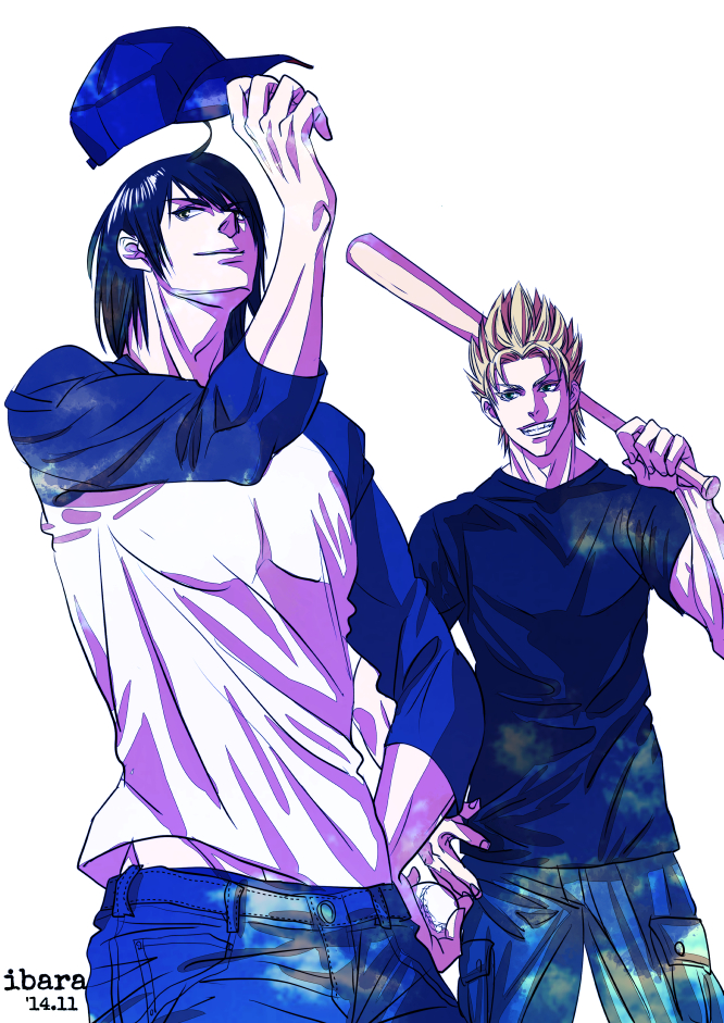 2boys, ahoge, alex_kandley_stewart, artist_name, asmita, baseball, baseball_bat, black_hair, black_shirt, blonde_hair, blue_headwear, blue_pants, dated, denim, dirty, dirty_clothes, grin, hand_on_hip, hat, hat_removed, headwear_removed, male_focus, marcos_eringrad_garcia, multiple_boys, pants, shirt, smile, spiky_hair, t-shirt, terra_formars