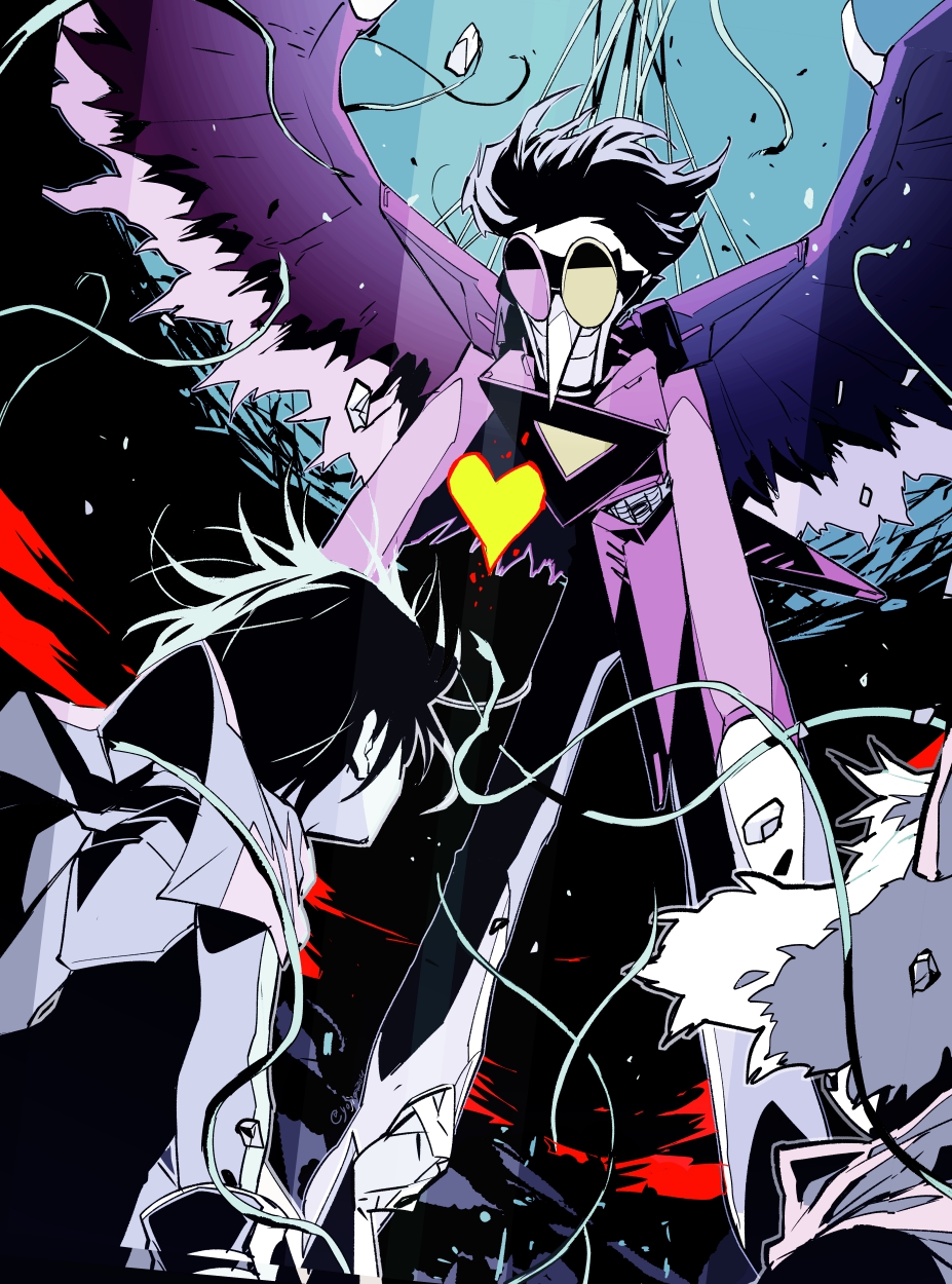 1other, 2boys, animal_ears, black_hair, deltarune, goat_ears, goat_horns, heart, highres, horns, kris_(dark_world)_(deltarune), kris_(deltarune), multiple_boys, plant, pointy_nose, ralsei, smile, spamton_g._spamton, spamton_neo, sunglasses, vines, wings, yojigazou, yojio_(2188)