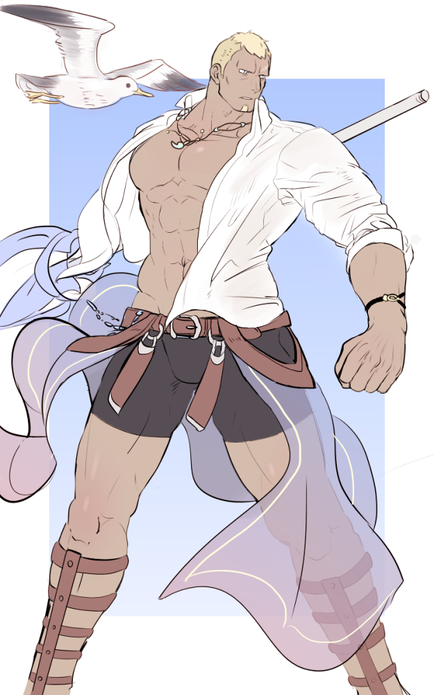 1boy, abs, belt, benny_(fire_emblem), bird, black_shorts, blonde_hair, blue_background