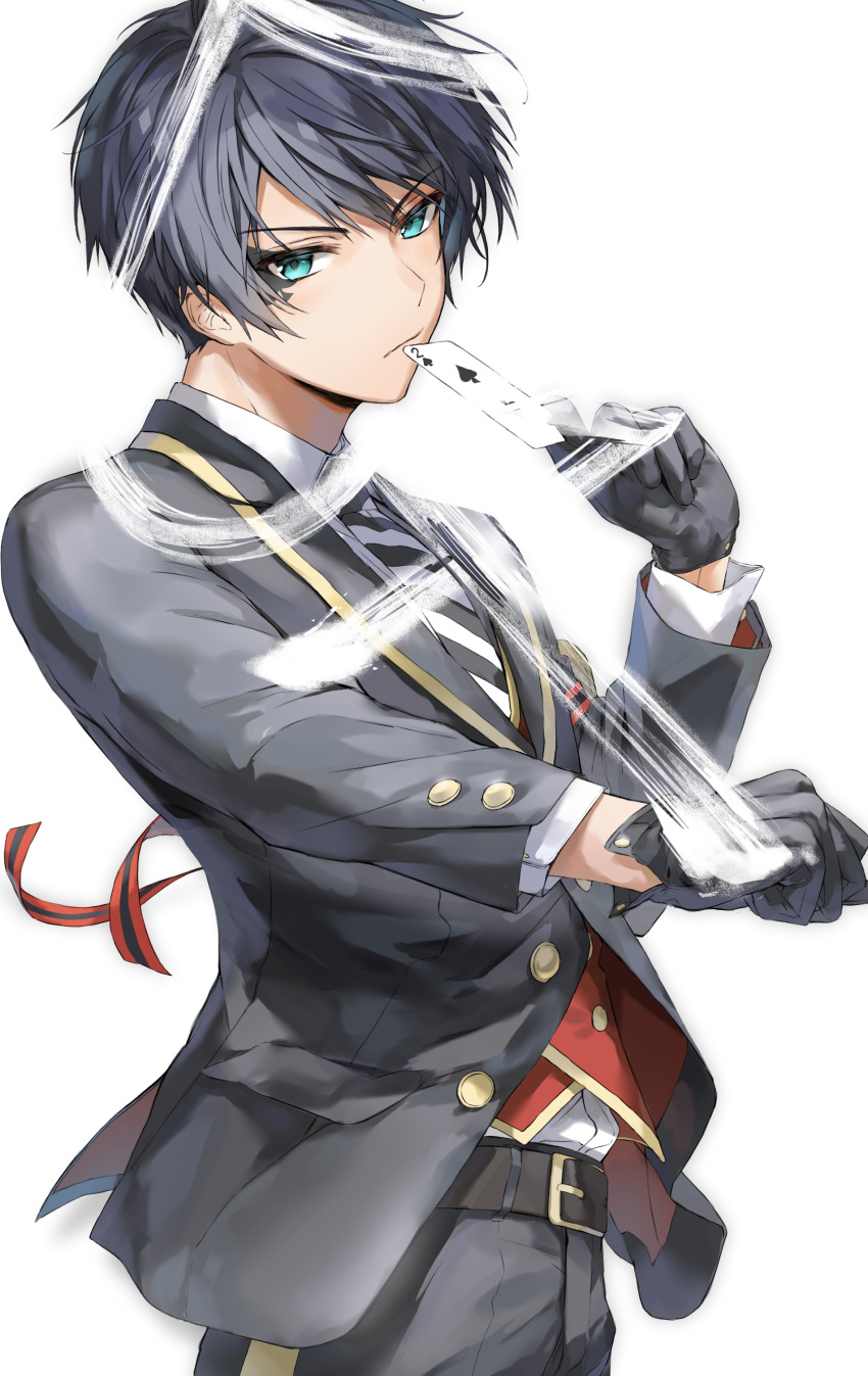 1boy, absurdres, bangs, belt, black_gloves, black_hair, black_jacket, black_pants