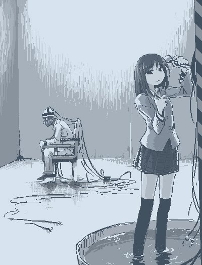 1boy, 1girl, arm_up, attempted_suicide, balaclava, blazer, broken, cable