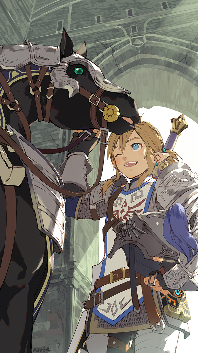 1boy, animal, arch, armor, barding, blonde_hair, blue_eyes, bracer
