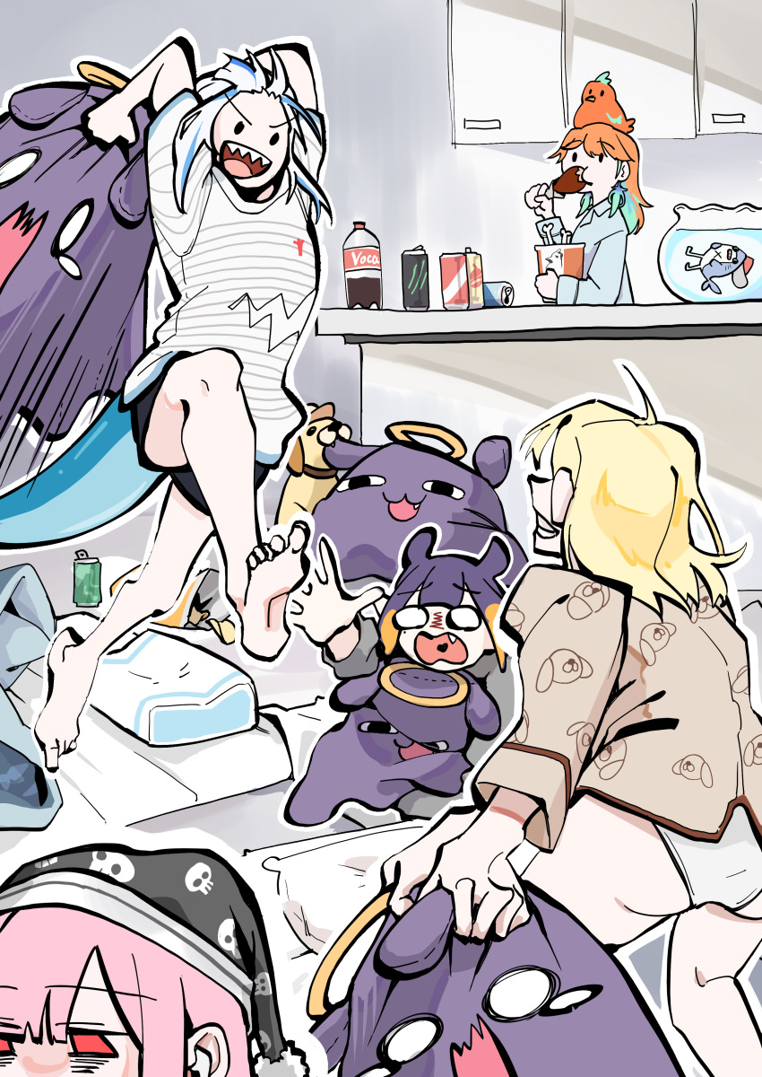 5girls, absurdres, ahoge, animal_on_head, bag_of_chips, blonde_hair, bloop_(gawr_gura), blue_hair