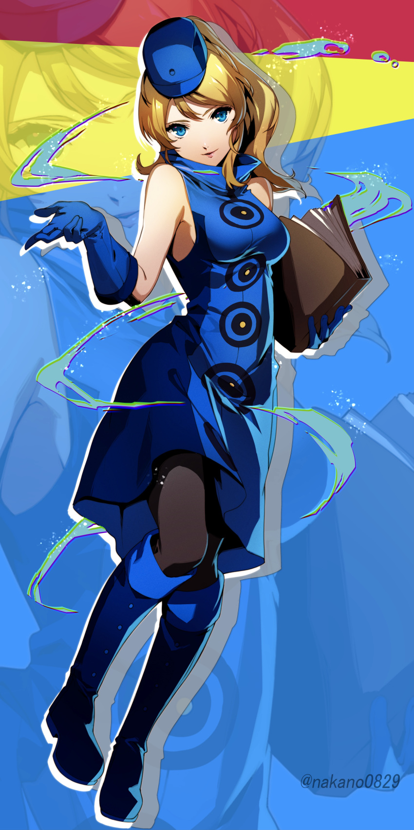 1girl, absurdres, alternate_costume, ayase_eli, black_legwear, blonde_hair, blue_background, blue_dress