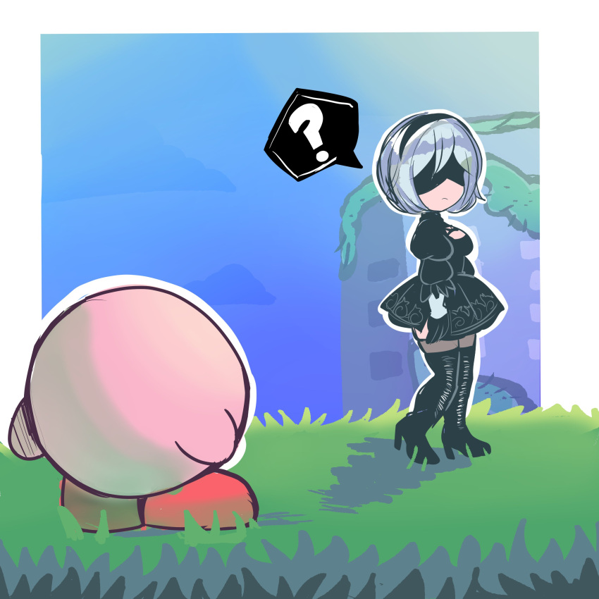 1girl, absurdres, bbycheese, black_blindfold, black_dress, black_hairband, blindfold, covered_eyes