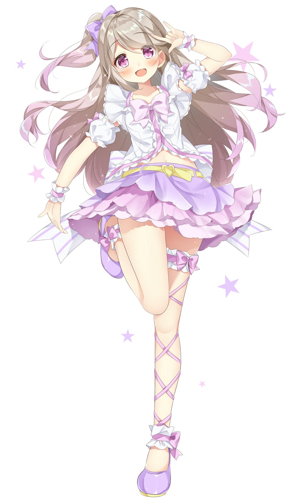 1girl, :d, \m/, bow, eyebrows_visible_through_hair, gau_(n00_shi), hair_ornament, highres, hinata_cocomi, indie_virtual_youtuber, long_hair, multicolored_hair, open_mouth, pink_bow, pink_eyes, ponytail, purple_bow, simple_background, smile, solo, star_(symbol), thigh_strap, virtual_youtuber