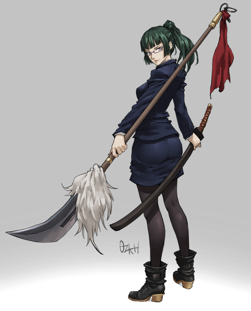 1girl, ass, bangs, black_jacket, black_legwear, black_skirt, blunt_bangs, boots