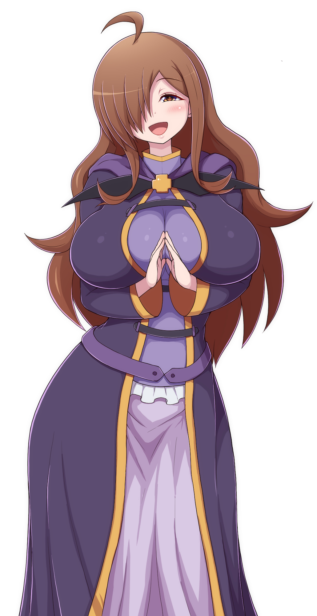 1girl, ahoge, breasts, brown_eyes, brown_hair, cloak, dress, eyebrows_visible_through_hair, hair_over_one_eye, hands_together, highres, huge_breasts, kono_subarashii_sekai_ni_shukufuku_wo!, long_dress, long_hair, looking_at_viewer, ponponmaru, purple_cloak, purple_dress, purple_robe, simple_background, solo, white_background, wiz_(konosuba)