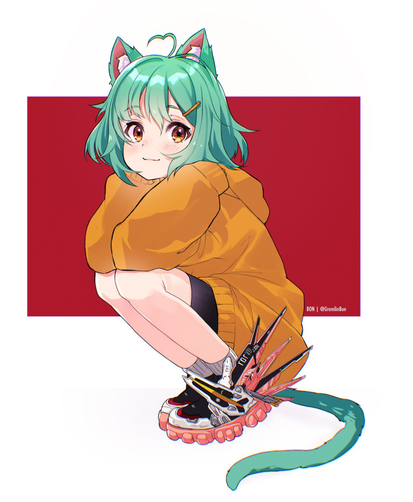 1girl, :3, animal_ear_fluff, animal_ears, anthony_wang_(brand), blush, cat_ears, cat_girl, cat_tail, english_commentary, eyebrows_visible_through_hair, from_side, girl_dm, green_hair, gremlinbon, hair_ornament, hairclip, heart_hair, highres, hood, hoodie, indie_virtual_youtuber, looking_at_viewer, orange_hoodie, shoes, sleeves_past_fingers, sleeves_past_wrists, sneakers, solo, squatting, tail, virtual_youtuber