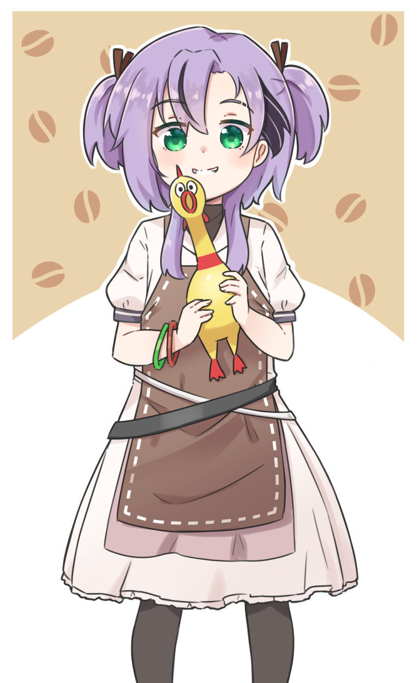 1girl, aoi_id, apron, bangs, black_legwear, brown_apron, brown_background, commentary