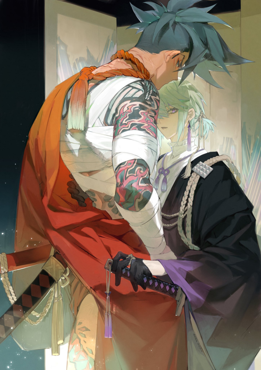 2boys, alternate_costume, androgynous, arm_tattoo, bandaged_arm, bandaged_chest, bandages, bangs