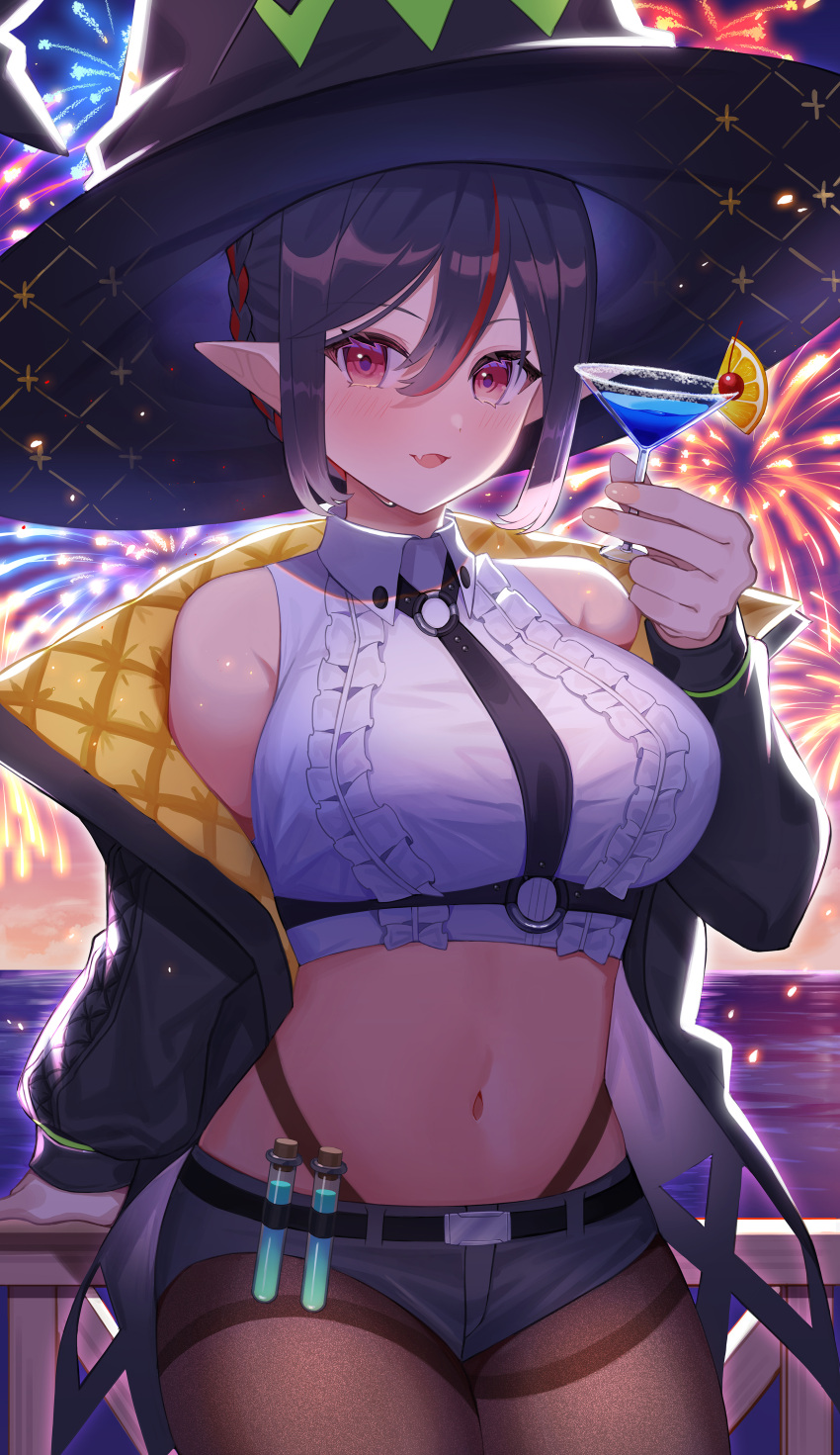 1girl, :d, absurdres, amahara_subaru, bare_shoulders, belt, black_hair, black_jacket