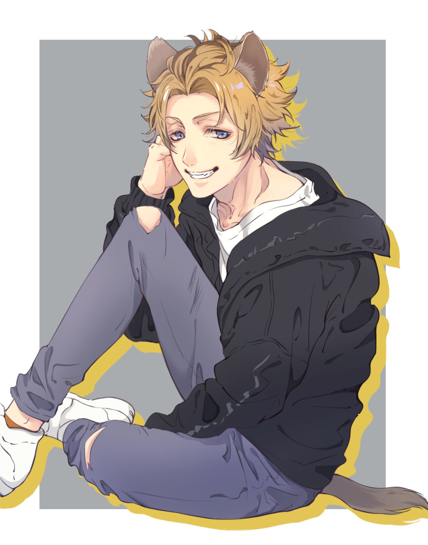 1boy, aym4800, black_jacket, blue_eyes, brown_hair, grey_pants, highres, hyena_boy, hyena_ears, hyena_tail, jacket, male_focus, open_clothes, open_jacket, pants, ruggie_bucchi, shirt, shoes, short_hair, simple_background, sitting, smile, solo, teeth, torn_clothes, torn_pants, twisted_wonderland, white_footwear, white_shirt