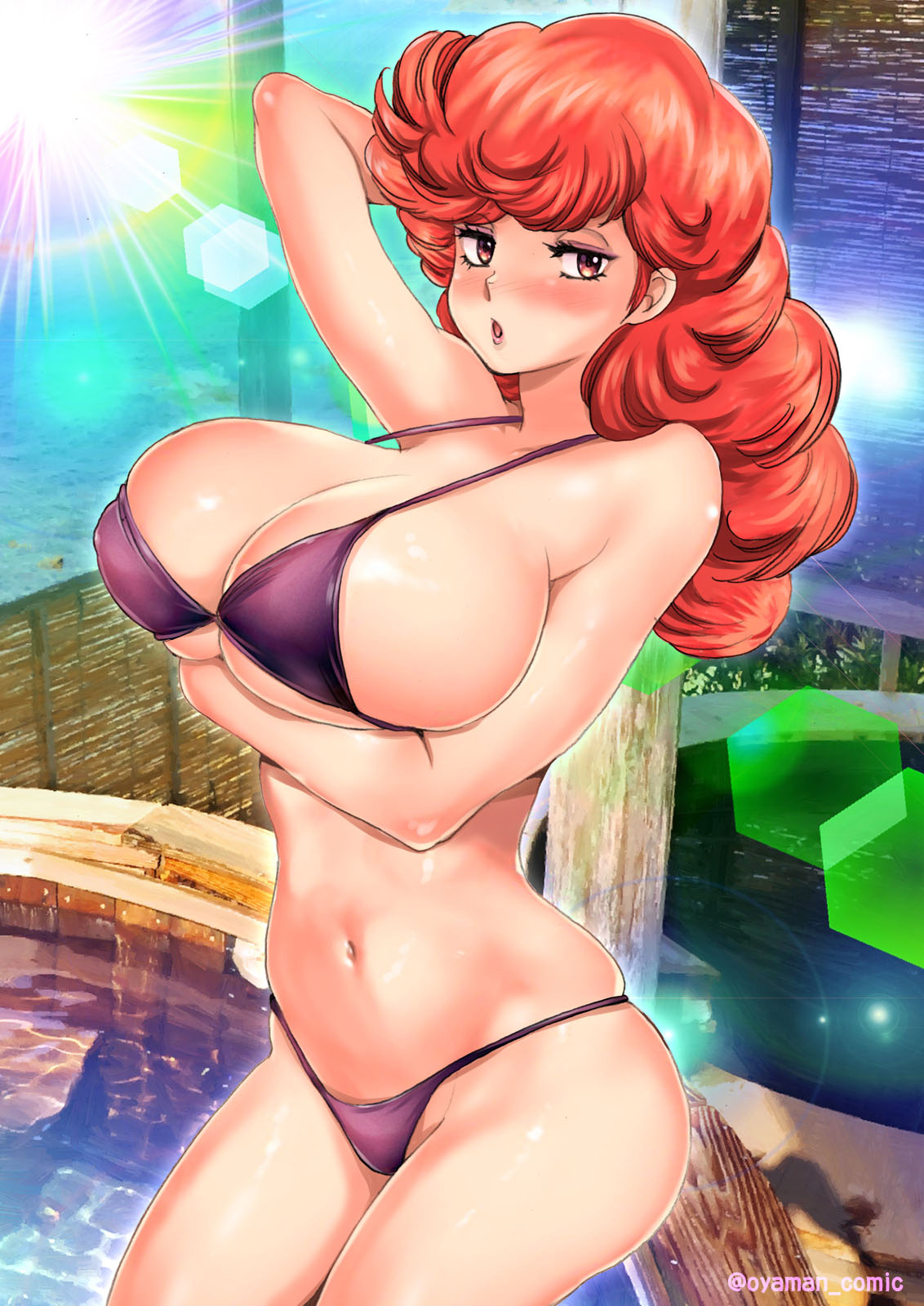 1girl, arm_behind_head, arm_up, big_hair, bikini, blush, breast_hold, breasts