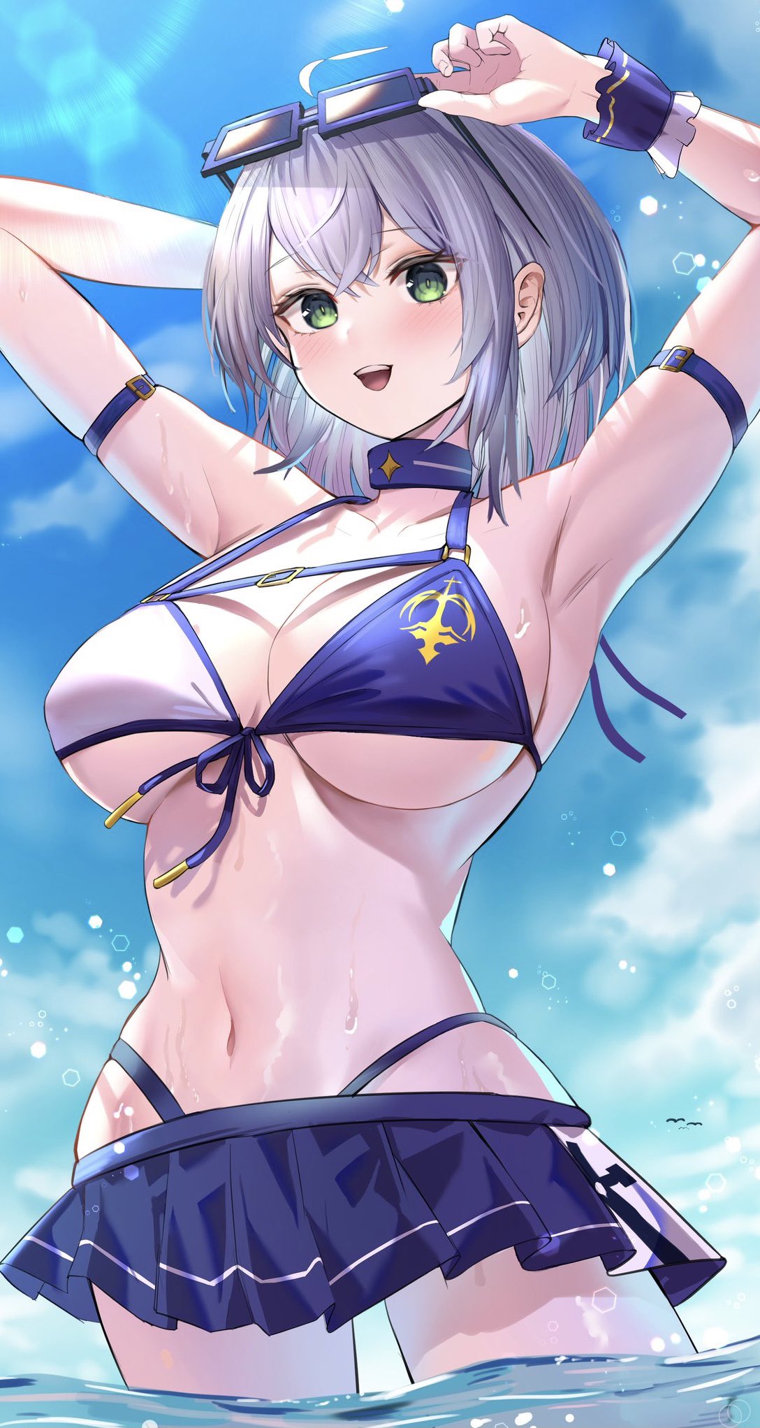 1girl, :d, adjusting_eyewear, arm_behind_head, arm_strap, armpits, arms_up, bikini