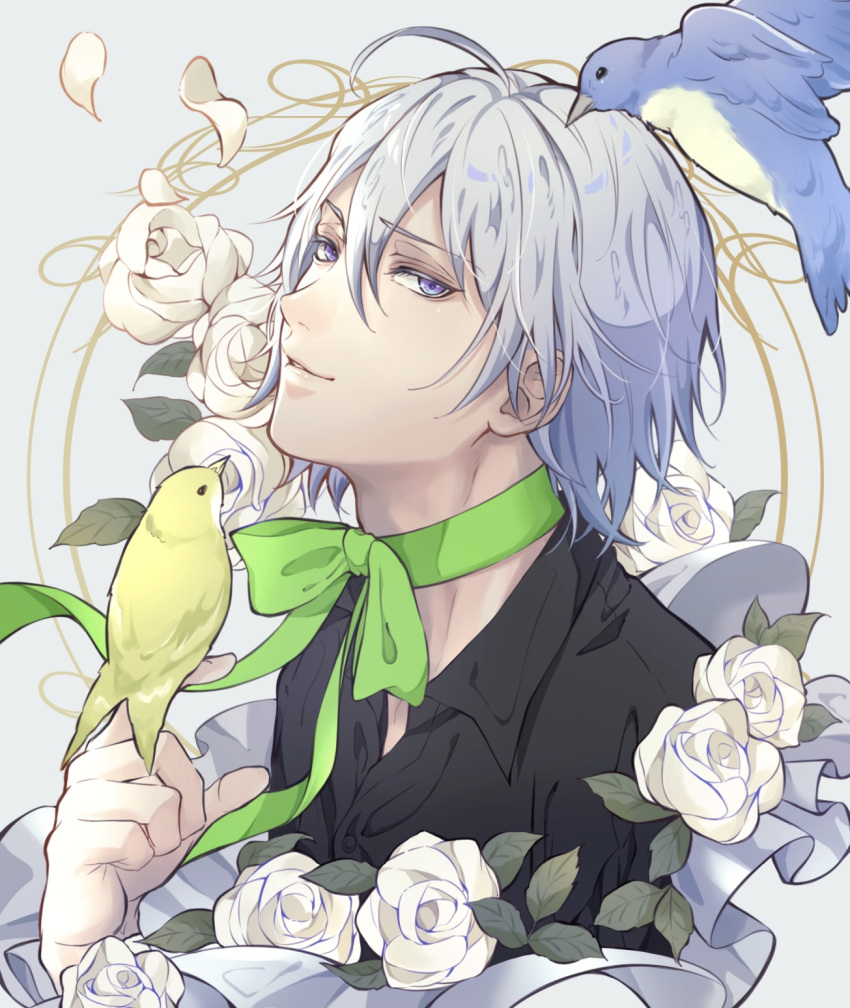 1boy, animal, aym4800, bangs, bird, bird_on_finger, black_shirt, floral_background